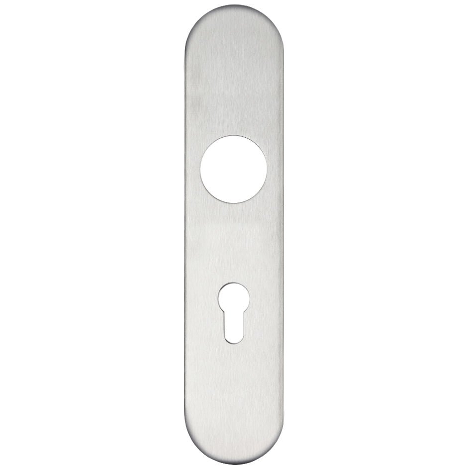 Zoo Hardware Radius Cover Plate for 19mm and 22mm Return to Door Lever on Backplate in brushed stainless steel finish, featuring a circular hole and a keyhole.