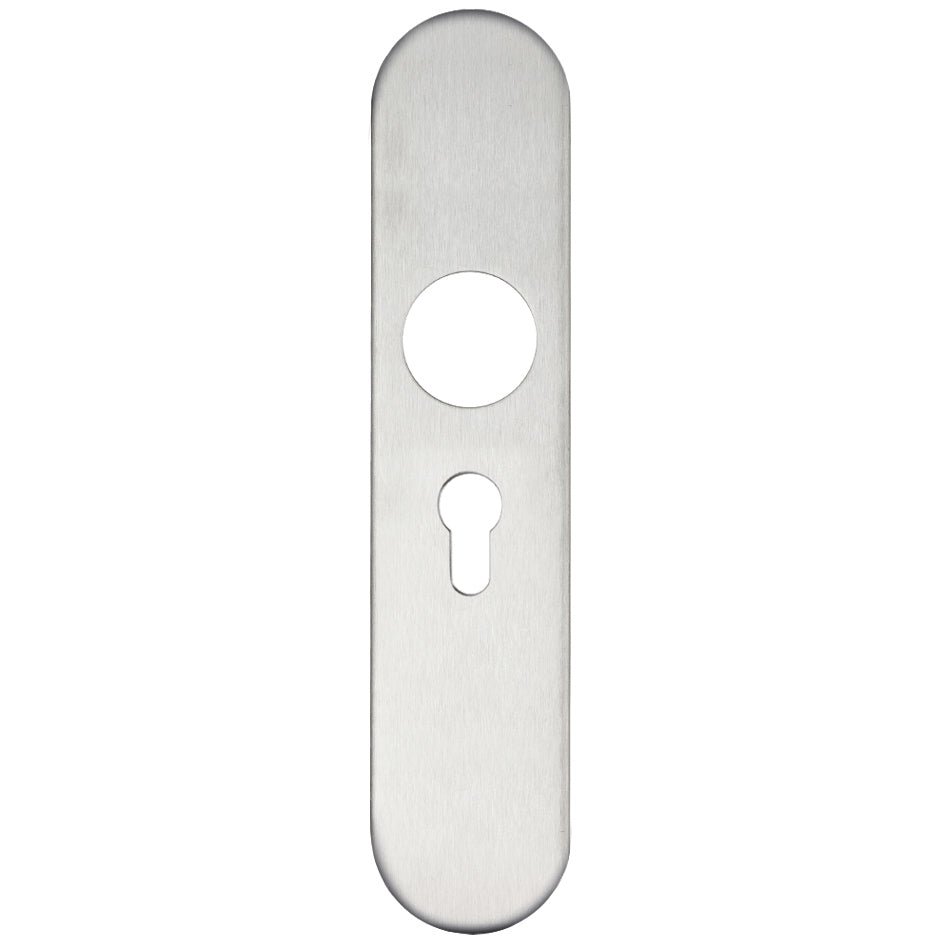 Zoo Hardware Radius Cover Plate for 19mm and 22mm Return to Door Lever on Backplate in stainless steel, featuring a rounded rectangular shape with a circular hole and keyhole cutout.