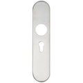 Zoo Hardware Radius Cover Plate for 19mm and 22mm Return to Door Lever on Backplate in stainless steel, featuring a rounded rectangular shape with a circular hole and keyhole cutout.