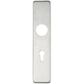 Zoo Hardware Cover Plate for 19mm and 22mm Return to Door Lever on Backplate in a brushed stainless steel finish, featuring a circular hole and a keyhole cutout.