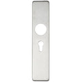 Zoo Hardware cover plate for 19mm and 22mm return to door lever on backplate, featuring a brushed stainless steel finish, with a circular opening and a keyhole in a rectangular shape.