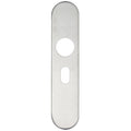 Zoo Hardware Cover Plate for 19mm and 22mm Return to Door Lever on Backplate in brushed stainless steel finish, featuring an elongated rectangular shape with a round hole and a rectangular cutout for lever installation.