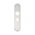 Zoo Hardware cover plate for 19mm and 22mm return to door lever, featuring a rectangular design in brushed stainless steel with a circular hole and a slot for screws.