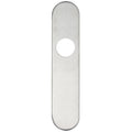 Zoo Hardware Cover Plate for 19mm and 22mm Return to Door Lever on Backplate in a brushed stainless steel finish, featuring a long rectangular shape with a circular hole in the center.