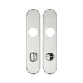 Zoo Hardware Radius Cover Plate for 19mm and 22mm Return to Door Lever on Backplate, designed with a sleek, oval stainless steel finish and pre-drilled holes for easy installation.