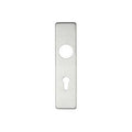 Zoo Hardware Cover Plate for 19mm Return to Door Lever on Short Backplate, measuring 45mm x 180mm, features a rectangular stainless steel design with a circular hole and a keyhole cutout.