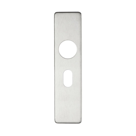 Zoo Hardware Cover Plate for 19mm Return to Door Lever on Short Backplate in stainless steel, featuring an oval profile with dimensions 45mm x 180mm and a circular cutout for the lever and a rectangular cutout for the latch.