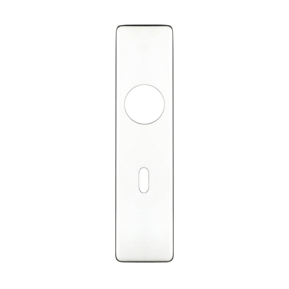 Zoo Hardware Cover Plate for 19mm Return to Door Lever on Short Backplate in a polished finish, measuring 45mm x 180mm, featuring a round hole and a rectangular slot for a lock.