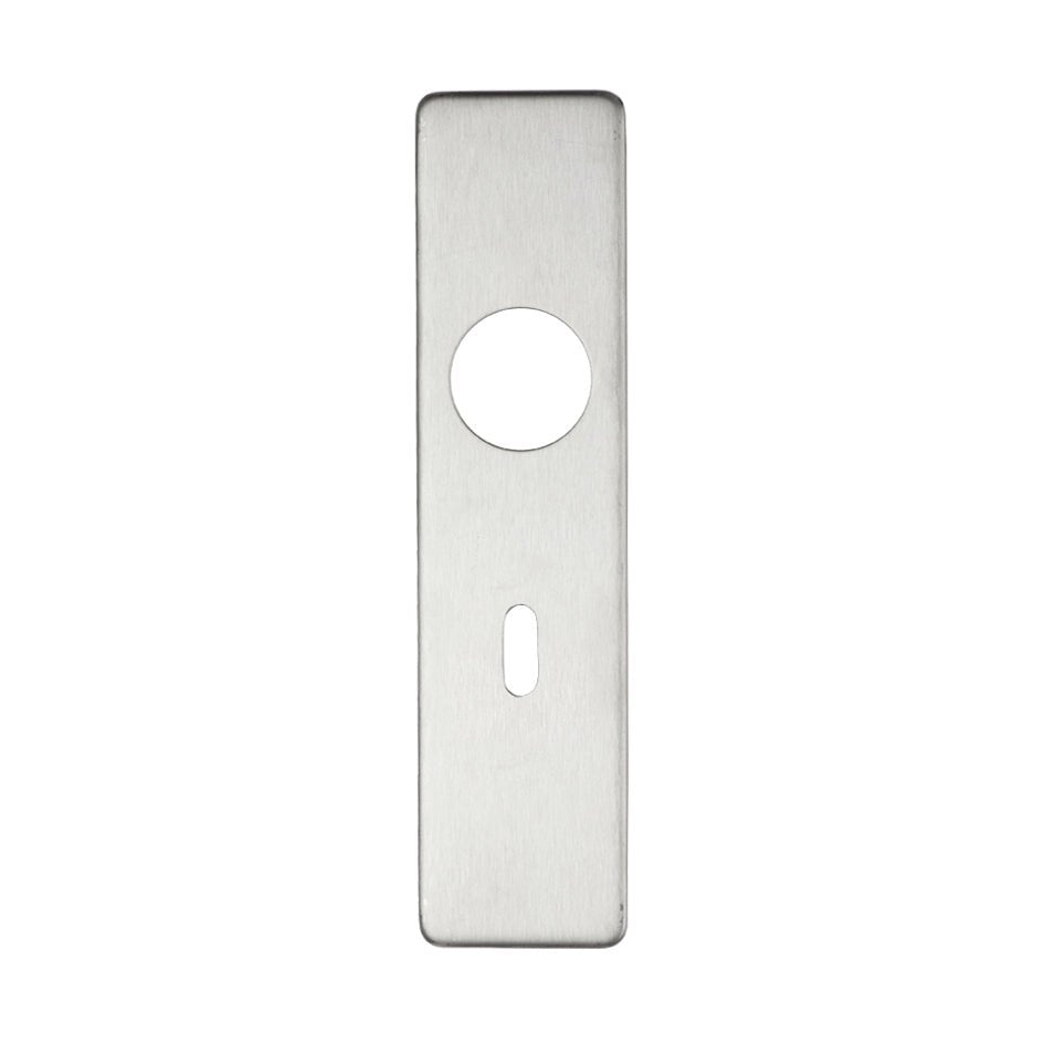Zoo Hardware cover plate for 19mm return to door lever on a short backplate, featuring a stainless steel finish. The plate measures 45mm x 180mm and includes a circular hole and a vertical slot for locking mechanism.
