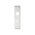 Zoo Hardware Cover Plate for 19mm Return to Door Lever on Short Backplate, measuring 45mm x 180mm, features a smooth silver finish and a circular hole for the lock, suitable for a 57mm lock.