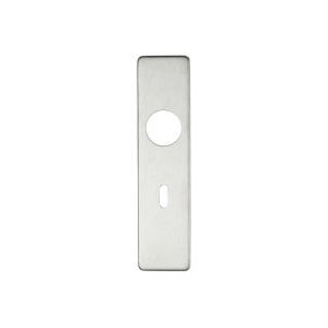 Zoo Hardware Cover Plate for 19mm Return to Door Lever on Short Backplate, measuring 45mm x 180mm, features a smooth silver finish and a circular hole for the lock, suitable for a 57mm lock.