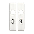 Zoo Hardware Cover Plate for 19mm Return to Door Lever on Short Backplate measuring 45mm x 180mm, featuring a polished brass finish with two openings for lever and key. It is designed for installation on doors.