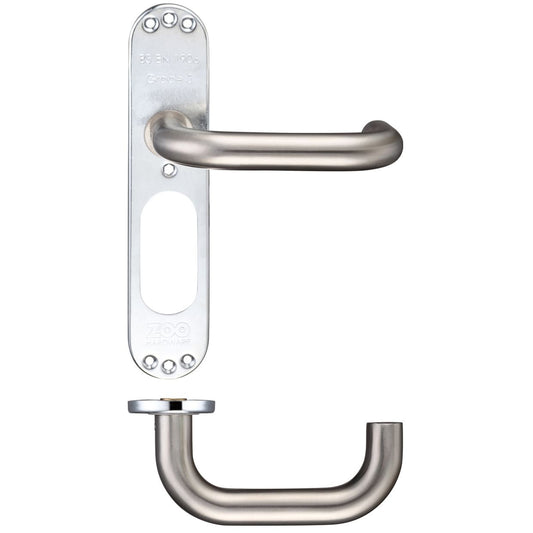 Zoo Hardware 22mm Tubular Return to Door Lever on Inner Plate featuring a sleek stainless steel finish and a simple design, mounted on a rectangular plate with visible screw holes for installation.