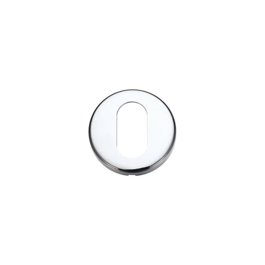 Zoo Hardware Oval Profile Escutcheon with a diameter of 52mm, featuring a polished chrome finish and an oval keyhole cutout in the center. The circular design is smooth and reflective.