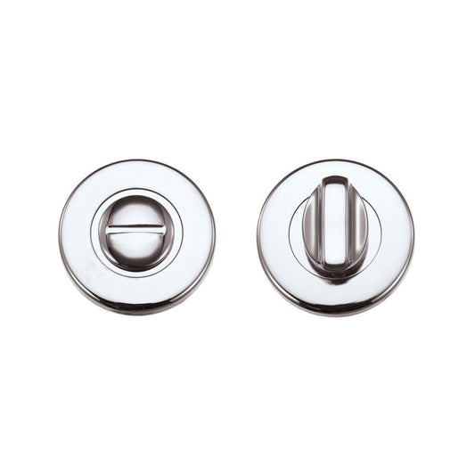 Zoo Hardware Turn and Release Complete with Escutcheons and 5mm Spindle in polished chrome, featuring a 52mm diameter round design with a turn knob and slot for a privacy function.