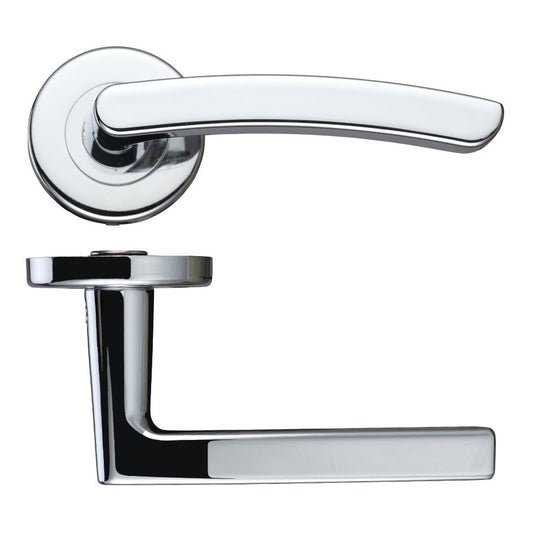 Zoo Hardware Santiago Lever - Push On Rose in chrome finish, featuring a curved handle and a square rose plate, designed for interior door applications.