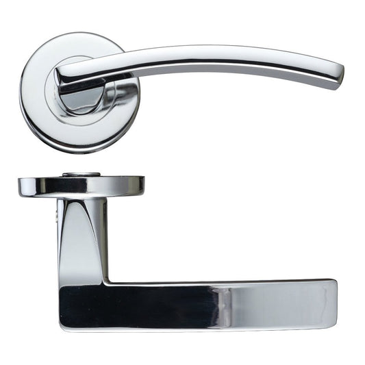 Zoo Hardware Toledo Lever - Push On Rose in polished chrome finish, featuring a sleek lever design attached to a circular rose backplate, made of durable metal for long-lasting use.