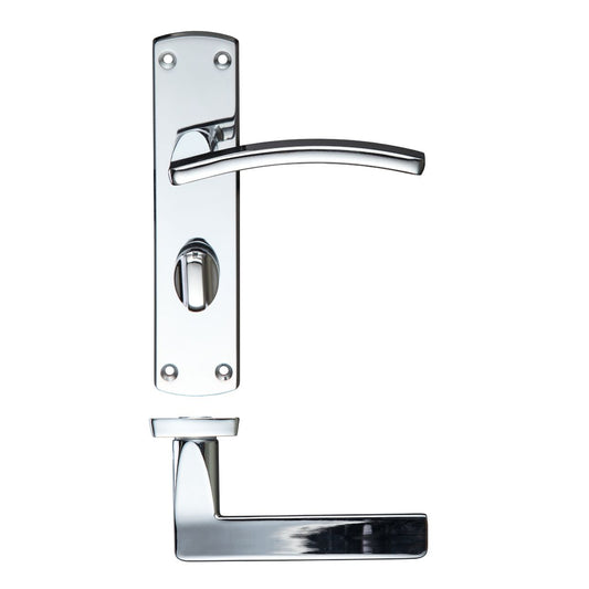 Zoo Hardware Toledo lever on bathroom backplate in chrome finish, featuring a curved lever handle and a rectangular backplate with a keyhole, designed for use on bathroom doors.