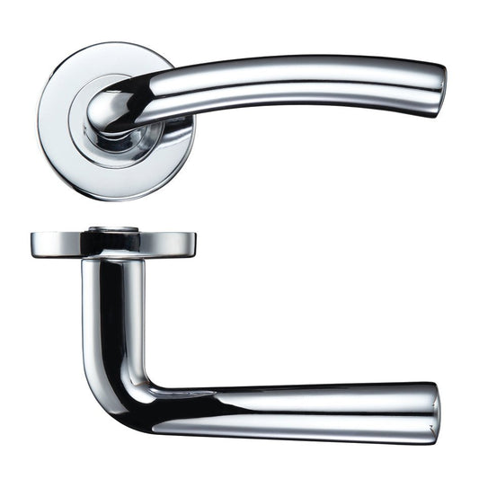 Zoo Hardware Seville Lever - Push On Rose in polished chrome finish, featuring a sleek and modern curved design with a circular rose plate, suitable for doors.