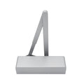 Zoo Hardware Overhead Door Closer in a silver finish, featuring a power adjustable size range of 2-4, along with a matching finish armset and Fig 6 bracket and semi radius cover.