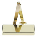 Zoo Hardware Overhead Door Closer in polished gold finish, Power Adjustable Size 2-4, includes a Matching Finish Armset and Fig 6 Bracket with a semi radius cover.