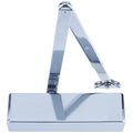 Zoo Hardware Overhead Door Closer, Power Adjustable Size 2-4, featuring a matching finish armset and Fig 6 bracket with a semi-radius cover, designed in a sleek chrome finish for durable performance.