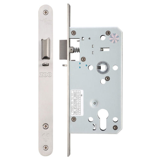 Zoo Hardware DIN Night Latch with 72mm centres and a backset of 55mm, featuring a silver metal faceplate and a cylindrical locking mechanism, suitable for secure door installations.