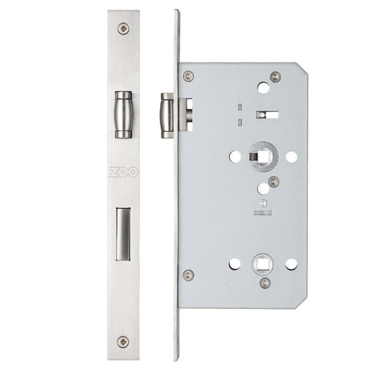 Zoo Hardware DIN Lift to Lock adjustable lock with 72mm centres and 60mm backset, featuring a stainless steel finish and a bolt mechanism. The profile includes a guide for installation and is designed for standard door applications.