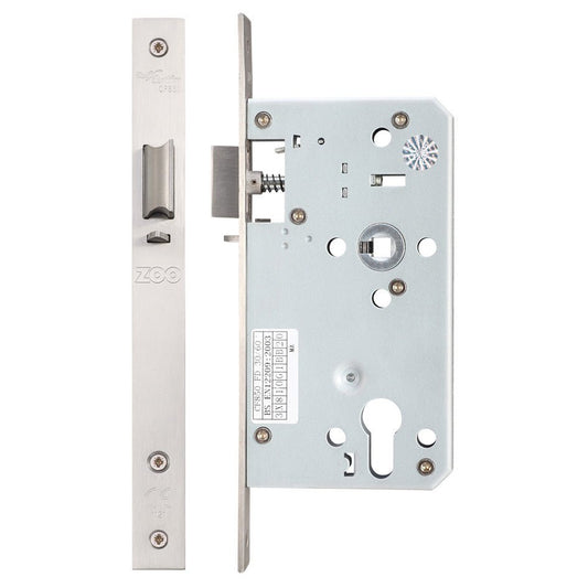 Zoo Hardware DIN Night Latch with 72mm centres and 60mm backset, featuring a stainless steel finish and a mechanical latch mechanism. The latch includes a silver exterior plate and a back box with a grey interior.