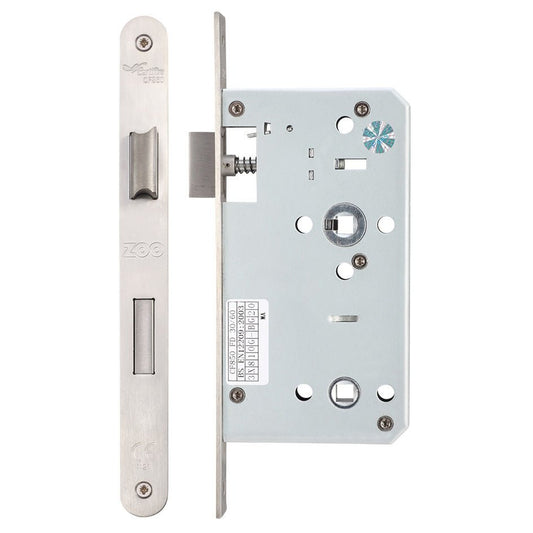 Zoo Hardware DIN Bathroom Lock with a 78mm centre and 60mm backset, featuring a silver metallic finish, a cylindrical mechanism, and a matching strike plate for secure door locking.