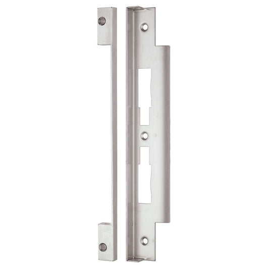 Zoo Hardware DIN Rebate Kit - 13mm in silver, made of metal. The kit includes a long rectangular plate with cutouts for bolts and screws, designed for door installations.