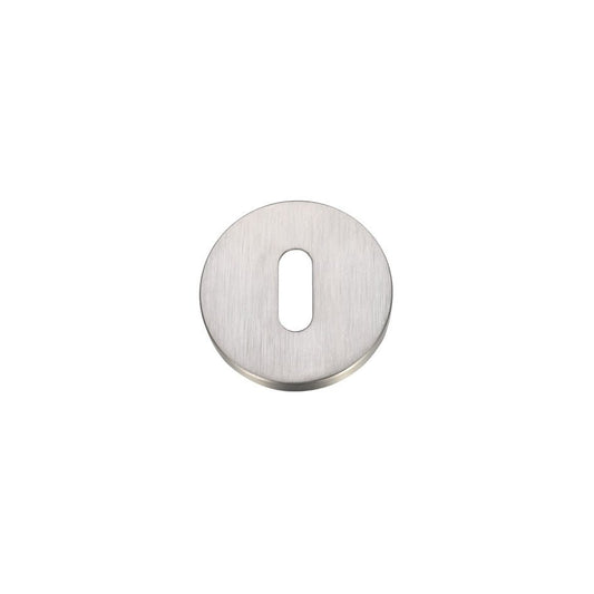 Zoo Hardware Standard Profile Escutcheon - Pairs with a circular design in a brushed stainless steel finish, featuring an elongated central cutout for a keyhole.