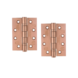 Zoo Hardware Grade 13 Hinges in a ball bearing design, measuring 102mm x 76mm x 3mm with square corners, shown in a brass finish. The hinges feature multiple holes for easy installation.