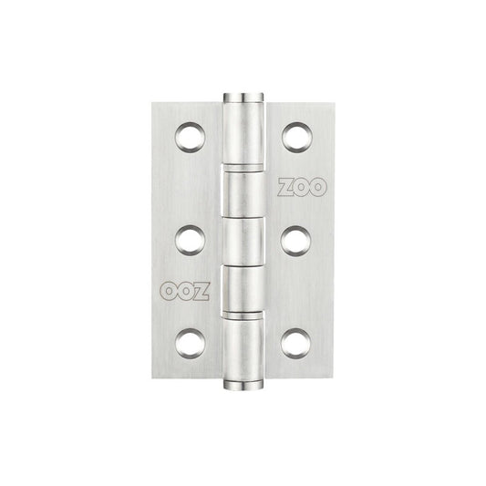 Zoo Hardware 2 Washered Hinge in stainless steel, Grade 201, measuring 3 inches by 2 inches with 2mm thickness, featuring a sleek design with multiple mounting holes.