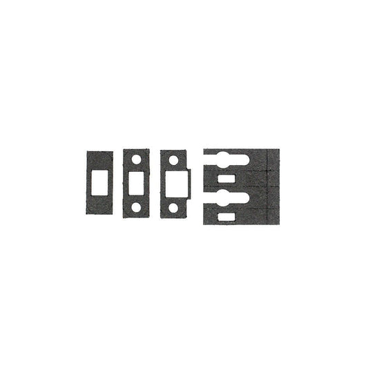 Zoo Hardware Universal Tubular Latch Intumescent Kit consisting of multiple black intumescent strips designed for fire safety, featuring various shapes and sizes to fit different latch applications.