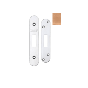 Zoo Hardware Spare Radius Accessory Pack for UK Deadlock includes a silver forend and strike plate, along with screws. The metal components feature multiple holes for installation.