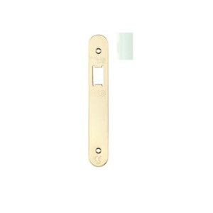 Zoo Hardware Spare Radius Accessory Pack for UK Upright Latch includes a brass-colored forend, strike, and screws, designed for secure installation in door latching systems.