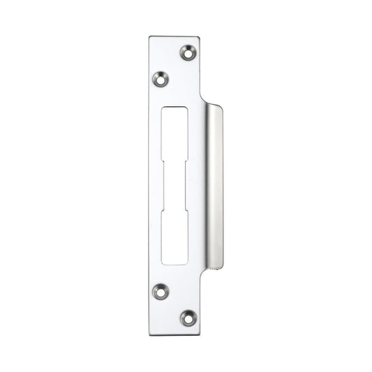 Zoo Hardware Spare Extended Tongue Strikes for UK Locks with fixing screws in a polished finish, designed for sash and bath applications. The strike plate features a rectangular cutout and is secured with multiple screw holes.