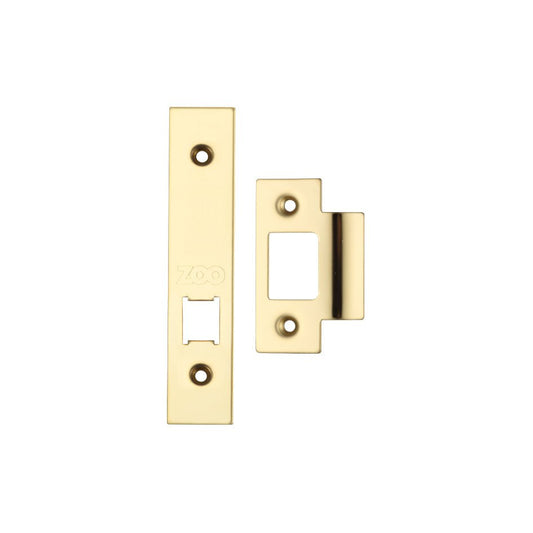 Zoo Hardware Spare Accessory Pack for UK Horizontal Latch, featuring a brass forend, strike plate, and fixing screws, designed specifically for latch version installation.
