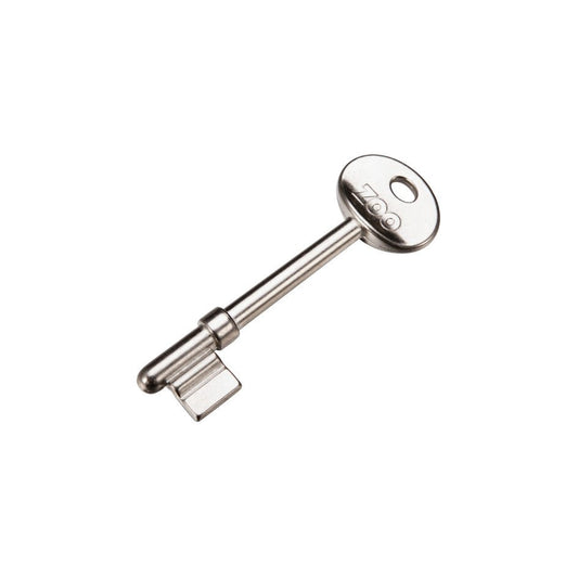 Zoo Hardware Key Blank suitable for 3 Lever Lock, made of metal with a shiny silver finish. The key features a circular head with a logo and a shaft with a flat blade.