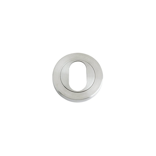 Zoo Hardware Oval Profile Escutcheon measuring 50mm in diameter, with a polished stainless steel finish and an oval cutout center for keyhole access.