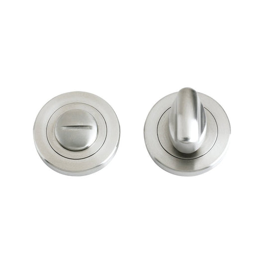 Zoo Hardware Turn and Release Complete with Escutcheons and 5mm Spindle, featuring a 50mm diameter, finished in sleek stainless steel, including a turn knob and release mechanism with circular escutcheons.