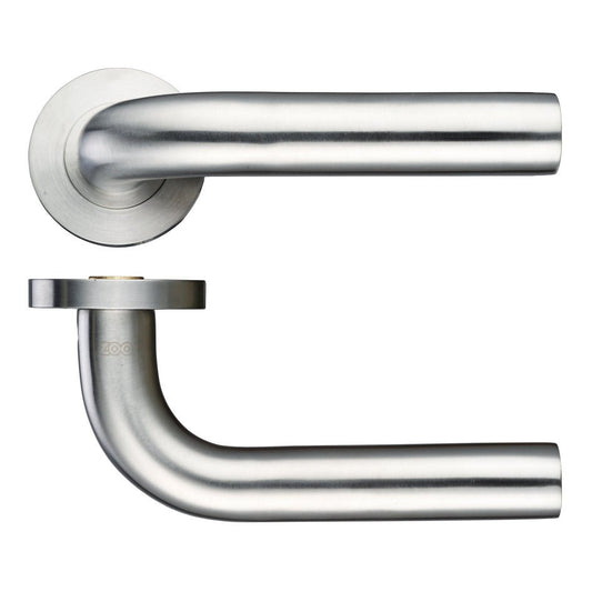 Zoo Hardware 22mm Radius Lever - Screw On Rose in brushed stainless steel, featuring a sleek curved lever design and a matching round rose for easy installation.