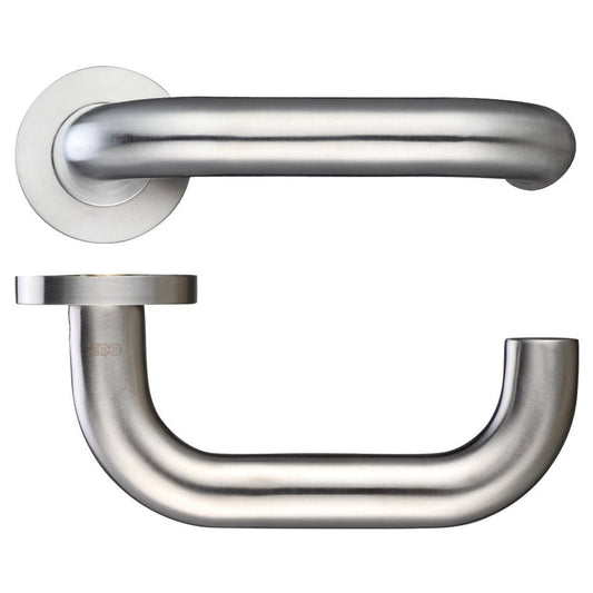Zoo Hardware 22mm Return to Door Lever - Screw On Rose in brushed stainless steel, featuring a curved handle design and mounted on circular rose fittings.
