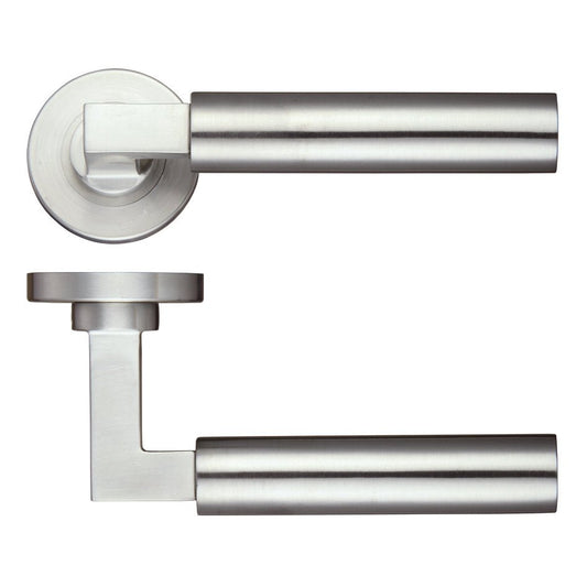 Zoo Hardware Orion Lever on Round Rose featuring a sleek, cylindrical design in brushed stainless steel, with rounded edges and a minimalistic handle shape. This door lever is mounted on a circular rose for a contemporary look.