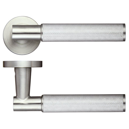 Zoo Hardware Athena Lever on Round Rose in stainless steel features a textured, grip-friendly handle design, suitable for modern doors.