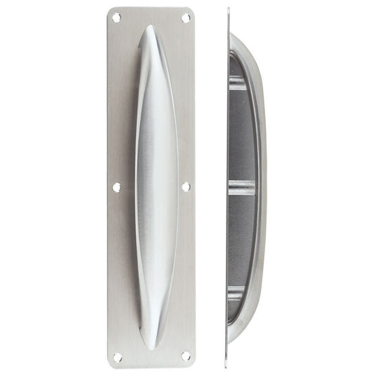 Zoo Hardware Anti-Ligature Pull Handle on Backplate in stainless steel, featuring a smooth, curved handle design mounted on a rectangular backplate.