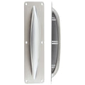 Zoo Hardware Anti-Ligature Pull Handle on Backplate in stainless steel, featuring a smooth, curved handle design mounted on a rectangular backplate.