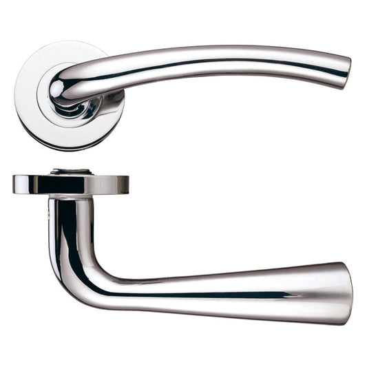 Zoo Hardware Assisi Lever - Screw On Rose in polished chrome finish, featuring a sleek curved lever and round rose design, made of durable metal for long-lasting use.