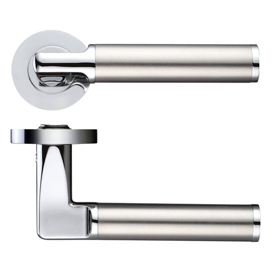 Zoo Hardware Milan Lever - Screw On Rose in dual finish features a sleek design with a brushed nickel handle and chrome rose. The handle showcases a straight profile with a rounded edge for a modern aesthetic.